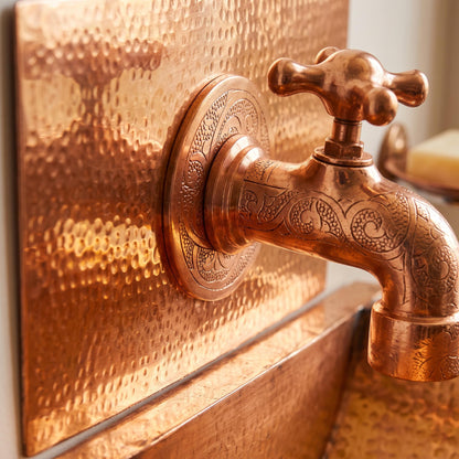 Hammered Copper Wall Mount Sink Set | Faucet & Backsplash Included | Rustic Moroccan Powder Room Basin 16 Inch Handmade Copper