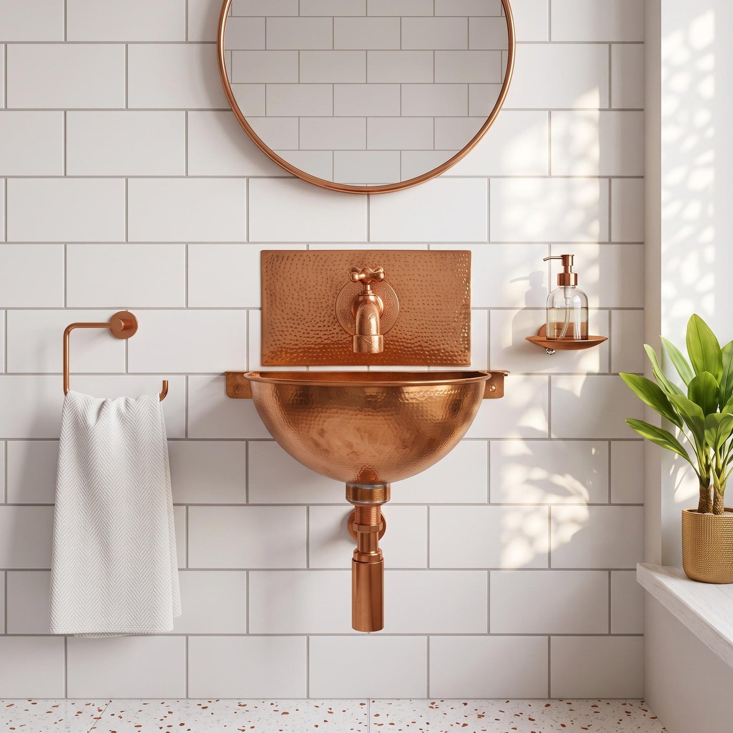 Hammered Copper Wall Mount Sink Set | Faucet & Backsplash Included | Rustic Moroccan Powder Room Basin 16 Inch Handmade Copper