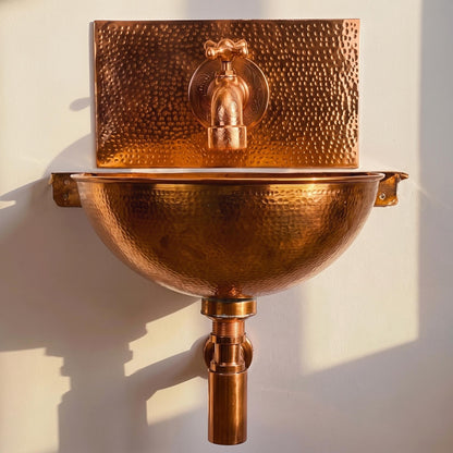 Hammered Copper Wall Mount Sink Set | Faucet & Backsplash Included | Rustic Moroccan Powder Room Basin 16 Inch Handmade Copper