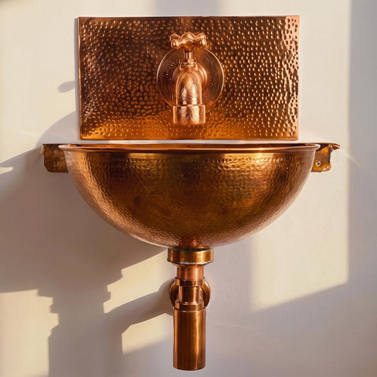 Hammered Copper Wall Mount Sink Set | Faucet & Backsplash Included | Rustic Moroccan Powder Room Basin 16 Inch Handmade Copper