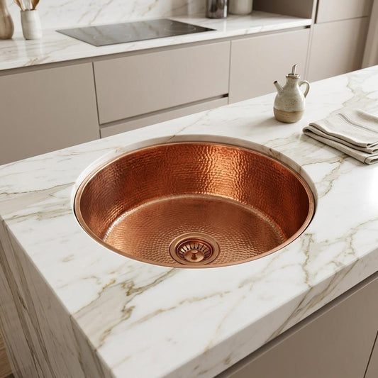 Hammered Copper Round Sink | Drop-In or Undermount Kitchen Bath | Farmhouse Rustic Copper Basin with Strainer