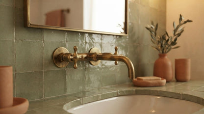 Handmade Unlacquered Brass Wall Mount Bathroom Faucet | Antique Cross Handle Vanity Basin Tap | Vintage Living Patina Moroccan Artisan Sink