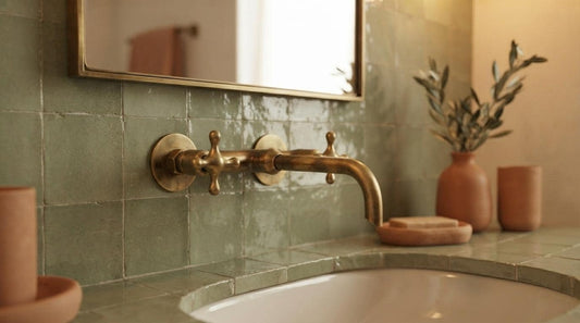 Handmade Unlacquered Brass Wall Mount Bathroom Faucet | Antique Cross Handle Vanity Basin Tap | Vintage Living Patina Moroccan Artisan Sink