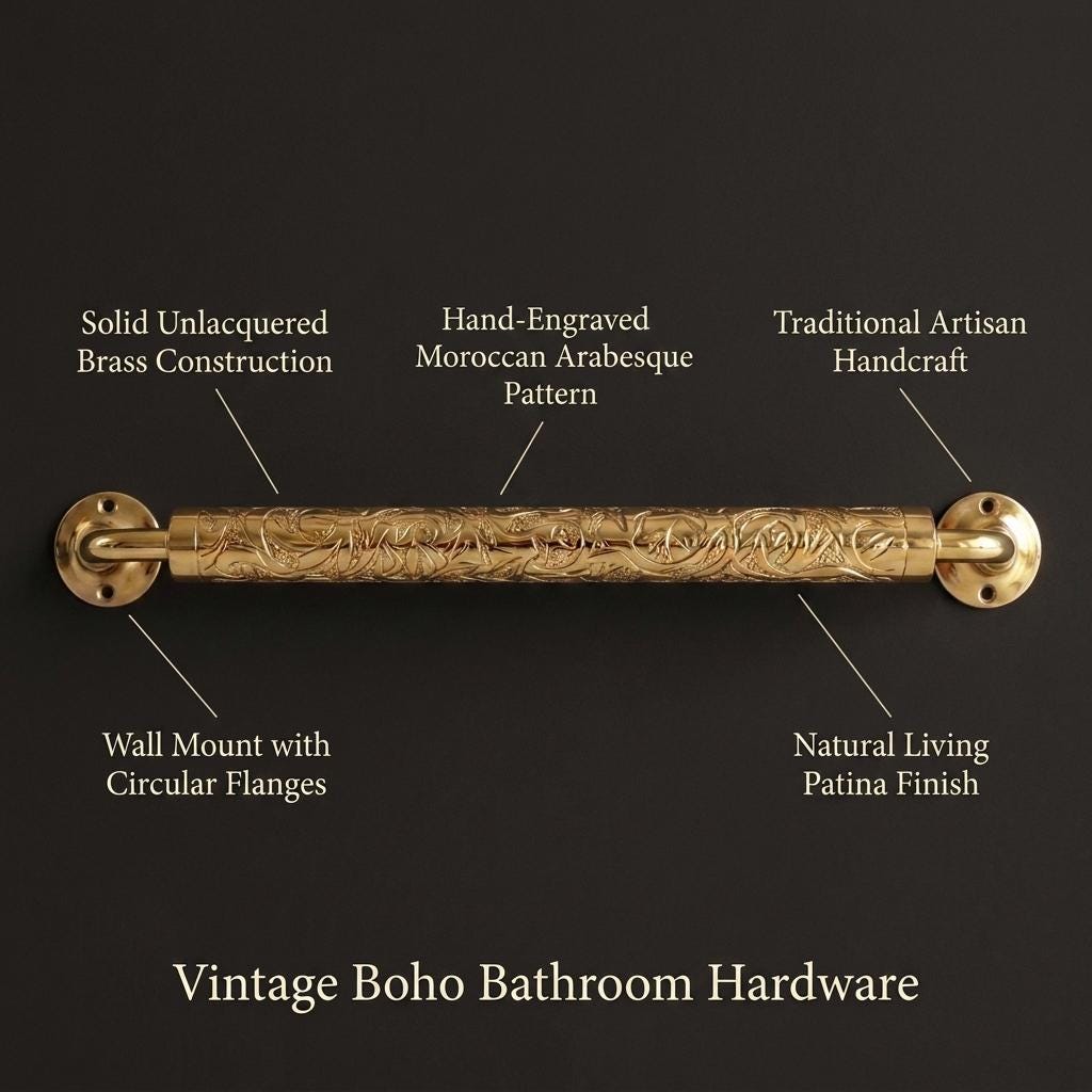 Engraved Brass Towel Bar | Arabesque Floral Wall Mount | Moroccan Handmade Gold Bathroom Hardware Luxury Vintage Boho Towel Holder
