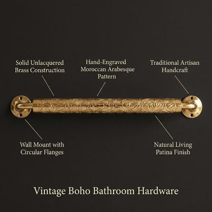 Engraved Brass Towel Bar | Arabesque Floral Wall Mount | Moroccan Handmade Gold Bathroom Hardware Luxury Vintage Boho Towel Holder