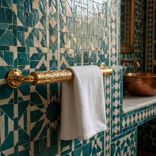Engraved Brass Towel Bar | Arabesque Floral Wall Mount | Moroccan Handmade Gold Bathroom Hardware Luxury Vintage Boho Towel Holder