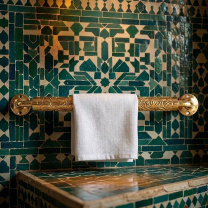 Engraved Brass Towel Bar | Arabesque Floral Wall Mount | Moroccan Handmade Gold Bathroom Hardware Luxury Vintage Boho Towel Holder