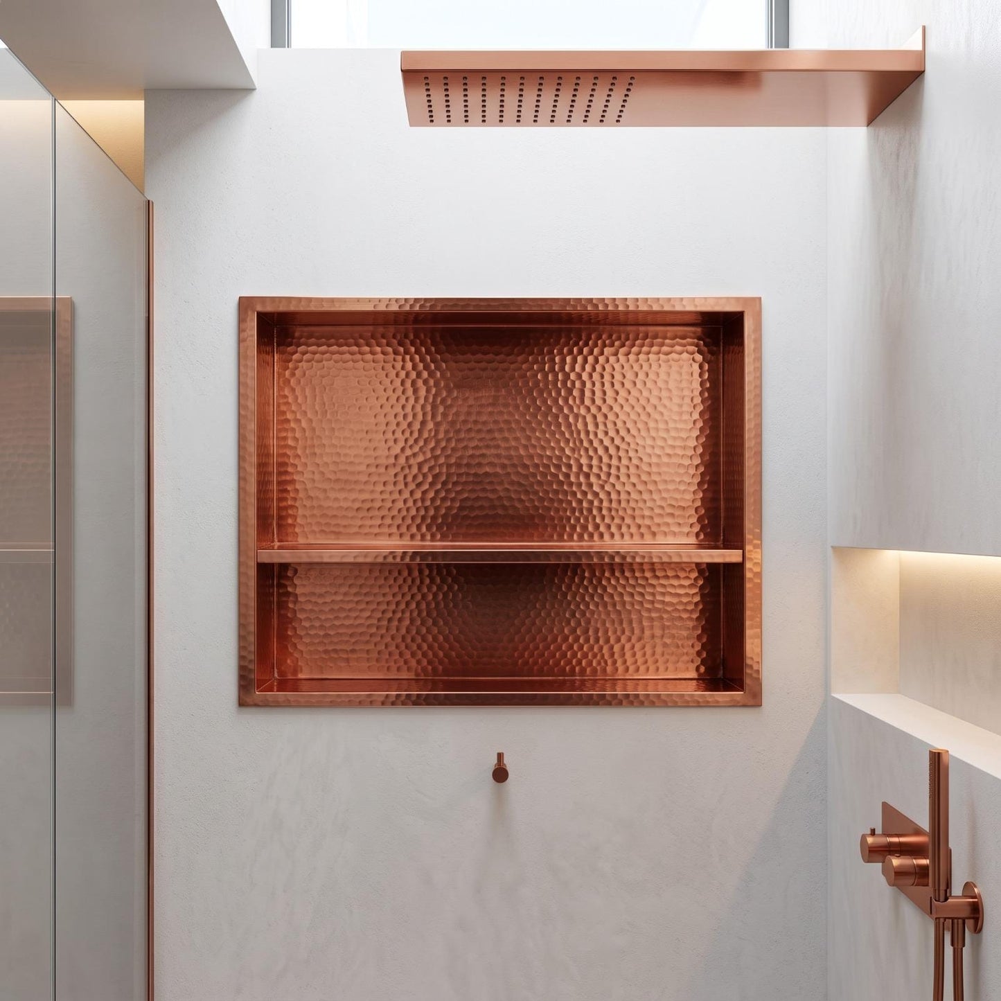 Handmade Hammered Copper Shower Niche Recessed Wall Shelf | Double Shelves Bathroom Storage | Unlacquered Moroccan Artisan Luxury Shower