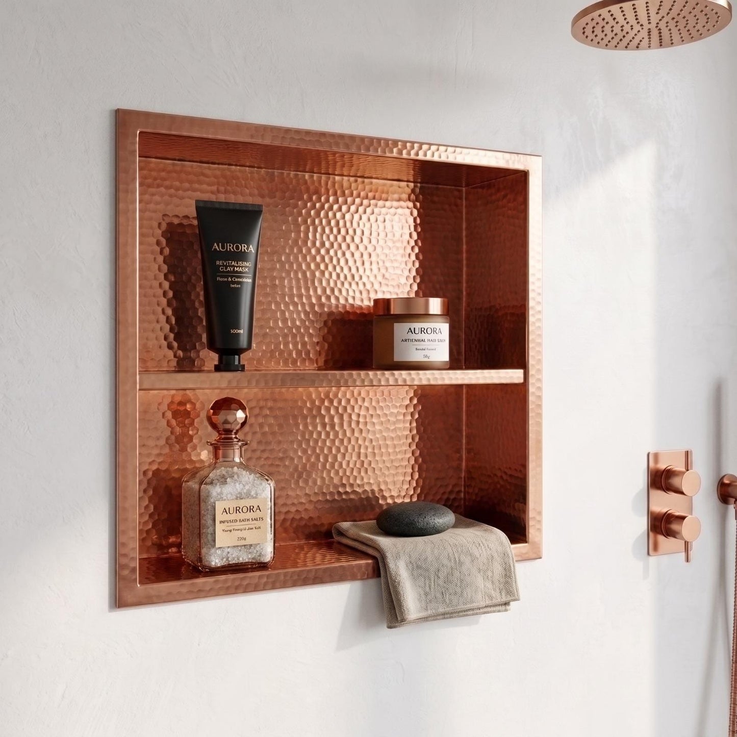 Handmade Hammered Copper Shower Niche Recessed Wall Shelf | Double Shelves Bathroom Storage | Unlacquered Moroccan Artisan Luxury Shower