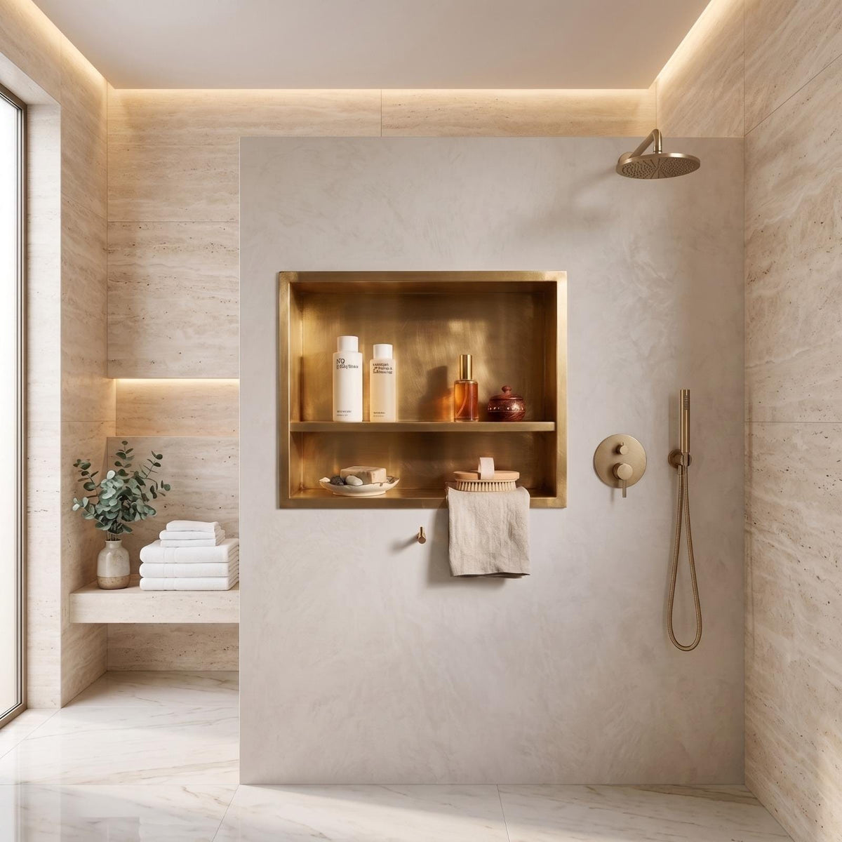 Handmade Unlacquered Brass Shower Niche Recessed Wall Shelf | Double Shelves Smooth Gold Bathroom | Moroccan Artisan Modern Luxury Storage