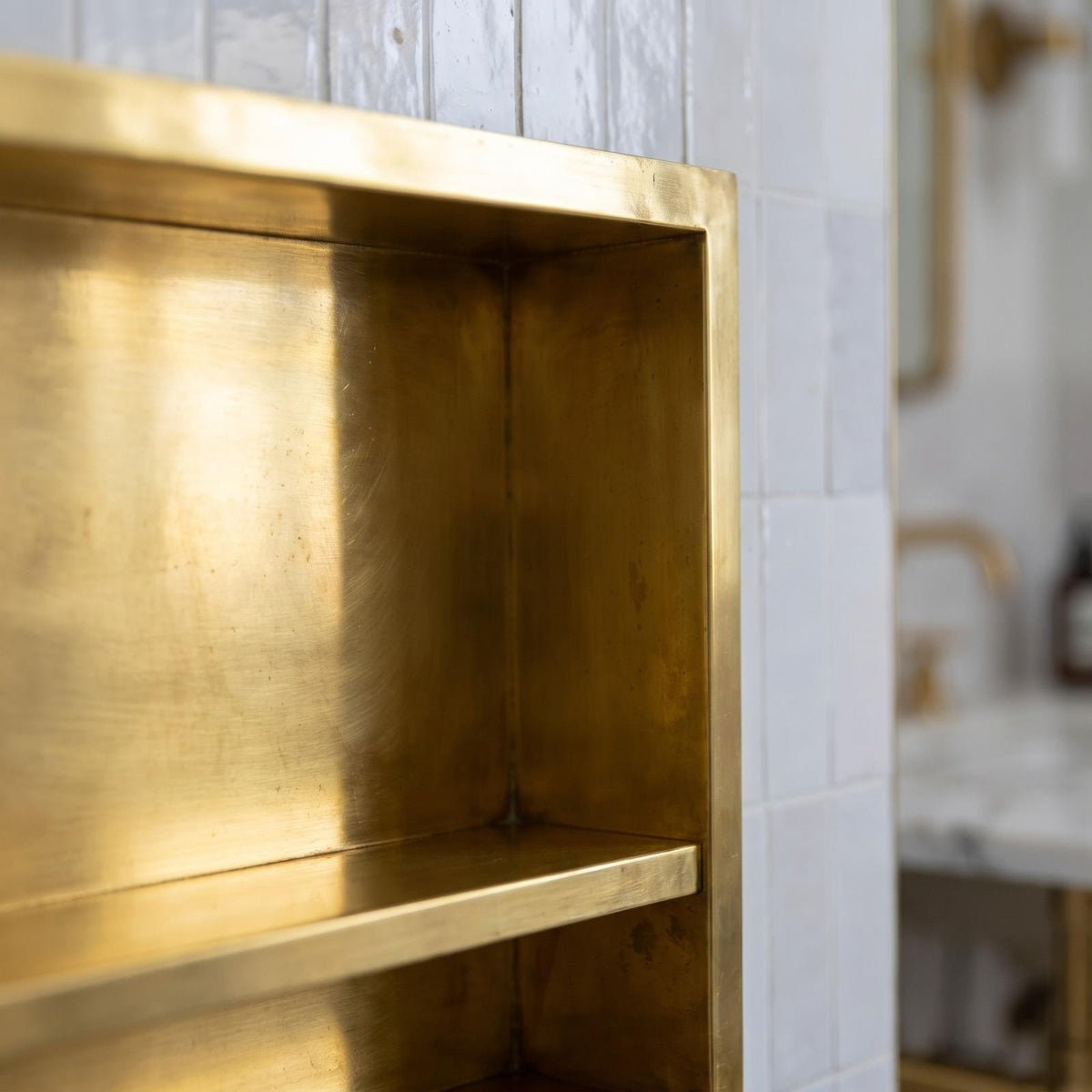 Handmade Unlacquered Brass Shower Niche Recessed Wall Shelf | Double Shelves Smooth Gold Bathroom | Moroccan Artisan Modern Luxury Storage