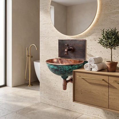 Handmade Aged Copper Wall Mount Sink With Matching Faucet Set | Hammered Rustic Vintage Basin | Moroccan Artisan Industrial Bathroom Vanity