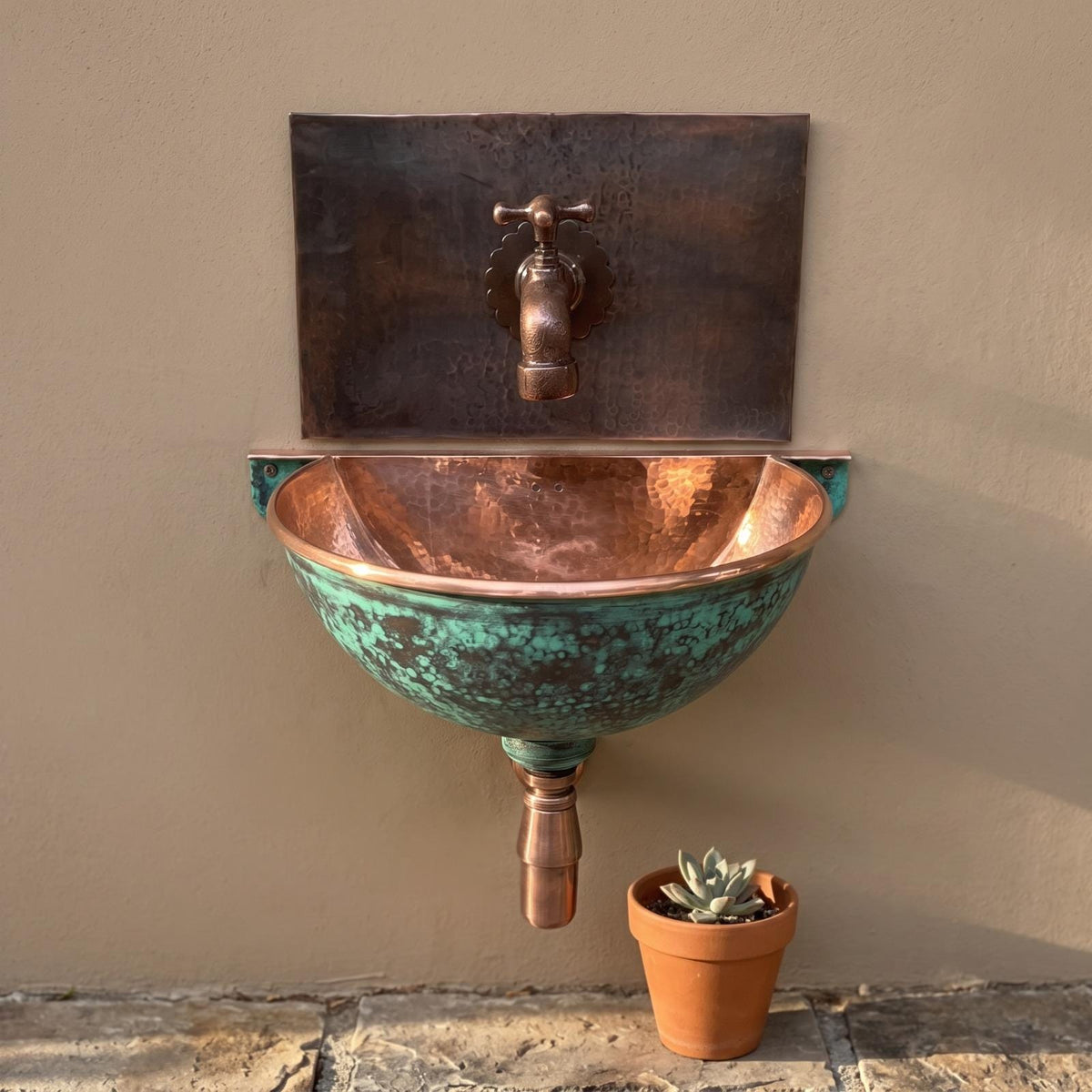 Handmade Aged Copper Wall Mount Sink With Matching Faucet Set | Hammered Rustic Vintage Basin | Moroccan Artisan Industrial Bathroom Vanity
