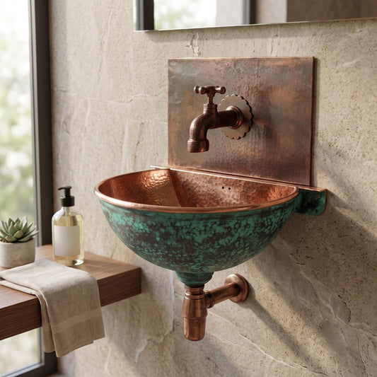 Handmade Aged Copper Wall Mount Sink With Matching Faucet Set | Hammered Rustic Vintage Basin | Moroccan Artisan Industrial Bathroom Vanity