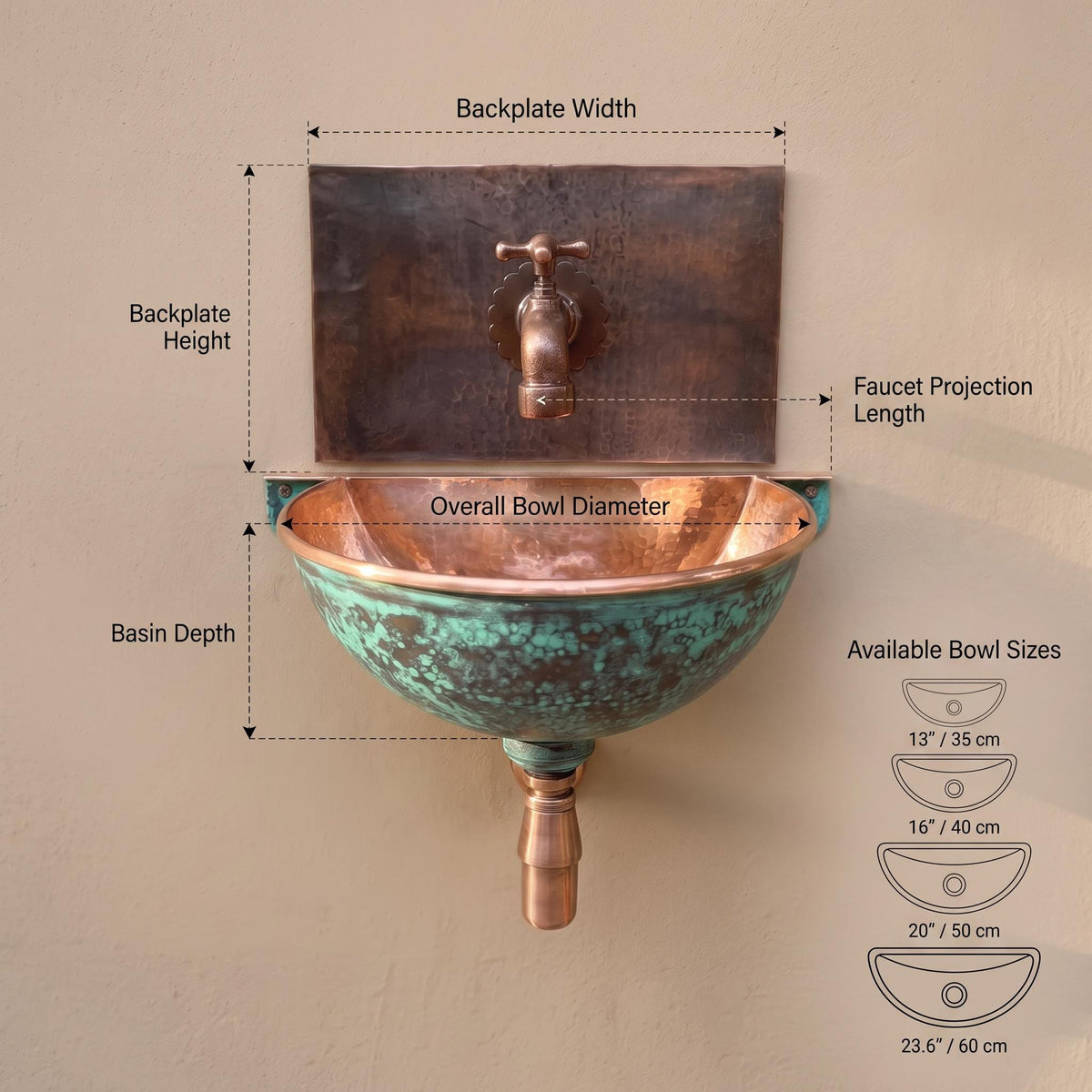 Handmade Aged Copper Wall Mount Sink With Matching Faucet Set | Hammered Rustic Vintage Basin | Moroccan Artisan Industrial Bathroom Vanity
