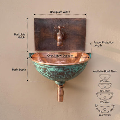 Handmade Aged Copper Wall Mount Sink With Matching Faucet Set | Hammered Rustic Vintage Basin | Moroccan Artisan Industrial Bathroom Vanity