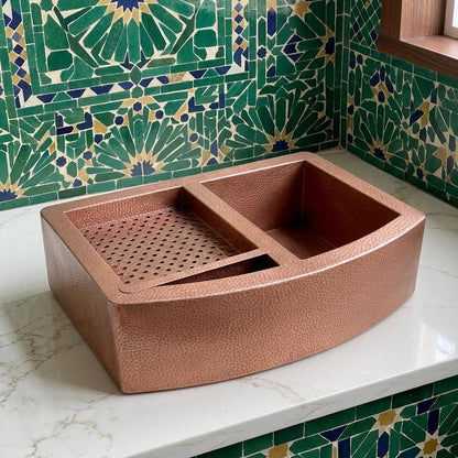 Handmade Hammered Copper Farmhouse Sink Double Bowl With Draining Board | Antique Apron Front Kitchen Basin | Moroccan Artisan Rustic Sink
