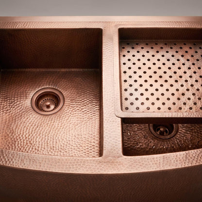 Handmade Hammered Copper Farmhouse Sink Double Bowl With Draining Board | Antique Apron Front Kitchen Basin | Moroccan Artisan Rustic Sink