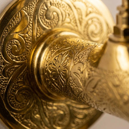 Handmade Engraved Unlacquered Brass Wall Faucet | Arabesque Floral Moroccan Single Hole Tap | Polished Gold Artisan Outdoor Garden Spigot