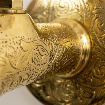 Handmade Engraved Unlacquered Brass Wall Faucet | Arabesque Floral Moroccan Single Hole Tap | Polished Gold Artisan Outdoor Garden Spigot