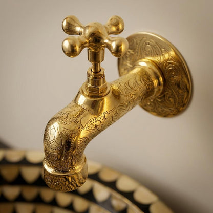 Handmade Engraved Unlacquered Brass Wall Faucet | Arabesque Floral Moroccan Single Hole Tap | Polished Gold Artisan Outdoor Garden Spigot
