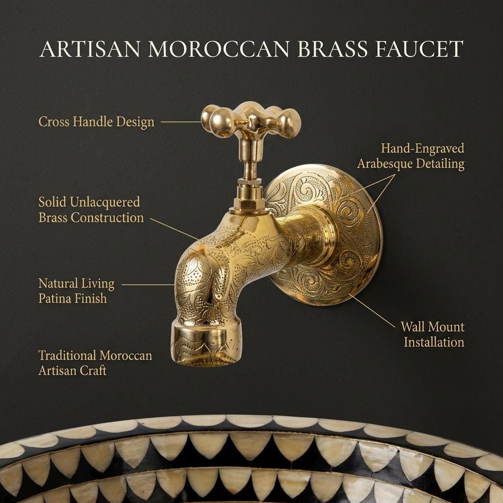 Handmade Engraved Unlacquered Brass Wall Faucet | Arabesque Floral Moroccan Single Hole Tap | Polished Gold Artisan Outdoor Garden Spigot