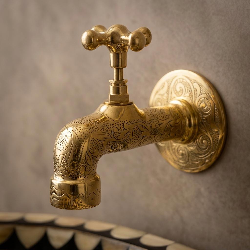 Handmade Engraved Unlacquered Brass Wall Faucet | Arabesque Floral Moroccan Single Hole Tap | Polished Gold Artisan Outdoor Garden Spigot