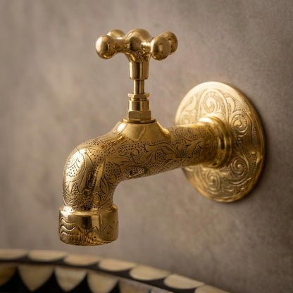 Handmade Engraved Unlacquered Brass Wall Faucet | Arabesque Floral Moroccan Single Hole Tap | Polished Gold Artisan Outdoor Garden Spigot