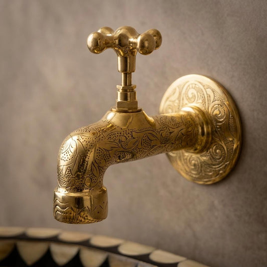 Handmade Engraved Unlacquered Brass Wall Faucet | Arabesque Floral Moroccan Single Hole Tap | Polished Gold Artisan Outdoor Garden Spigot