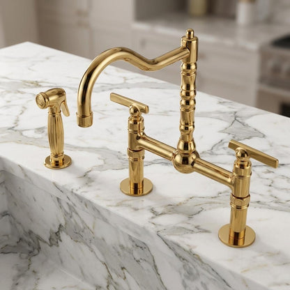 Unlacquered Brass Wall Mount Faucet | Ornate Engraved Cross Handle Gooseneck Tap